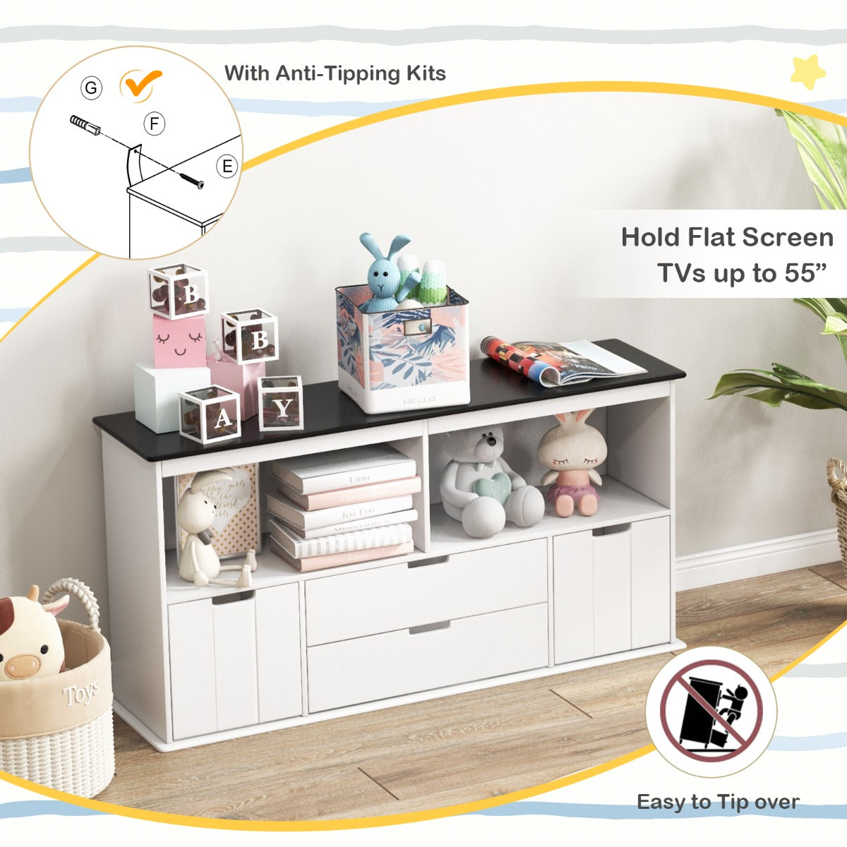 Storage Cabinet Display Shelf with Blackboard Top for Kids Room