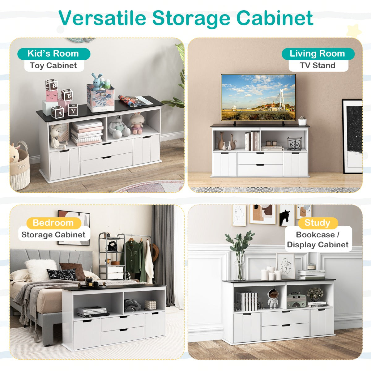 Storage Cabinet Display Shelf with Blackboard Top for Kids Room