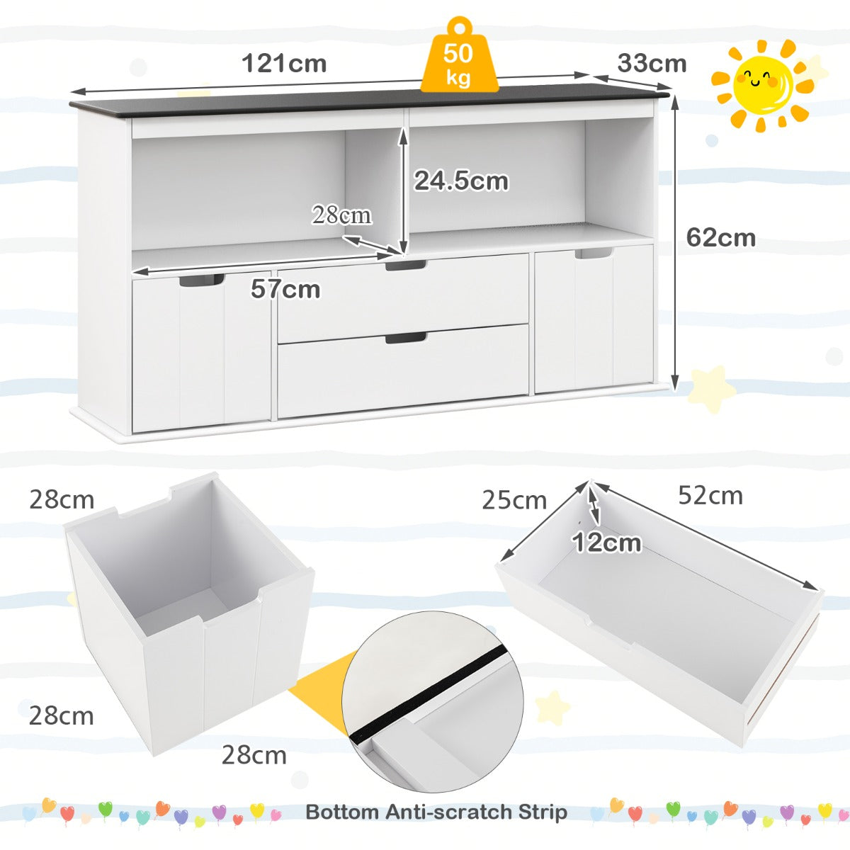Storage Cabinet Display Shelf with Blackboard Top for Kids Room