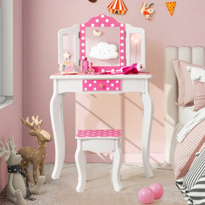 Kids Vanity Set with Tri-folding Mirror, Drawer and Stool -Pink-Polka-dot Print