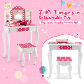 Kids Vanity Set with Tri-folding Mirror, Drawer and Stool -Pink-Polka-dot Print