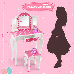 Kids Vanity Set with Tri-folding Mirror, Drawer and Stool -Pink-Polka-dot Print