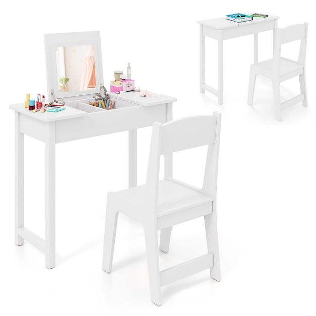 Kids Vanity Set with Flip Top Mirror, 2 in 1 Vanity Table & Chair Set w/Shatterproof Acrylic Mirror