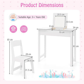 Kids Vanity Set with Flip Top Mirror, 2 in 1 Vanity Table & Chair Set w/Shatterproof Acrylic Mirror