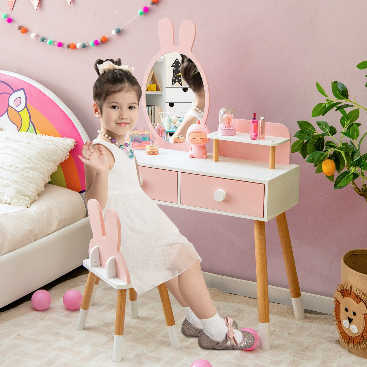 2-in-1 Princess Makeup Dressing Desk with Mirror-Pink