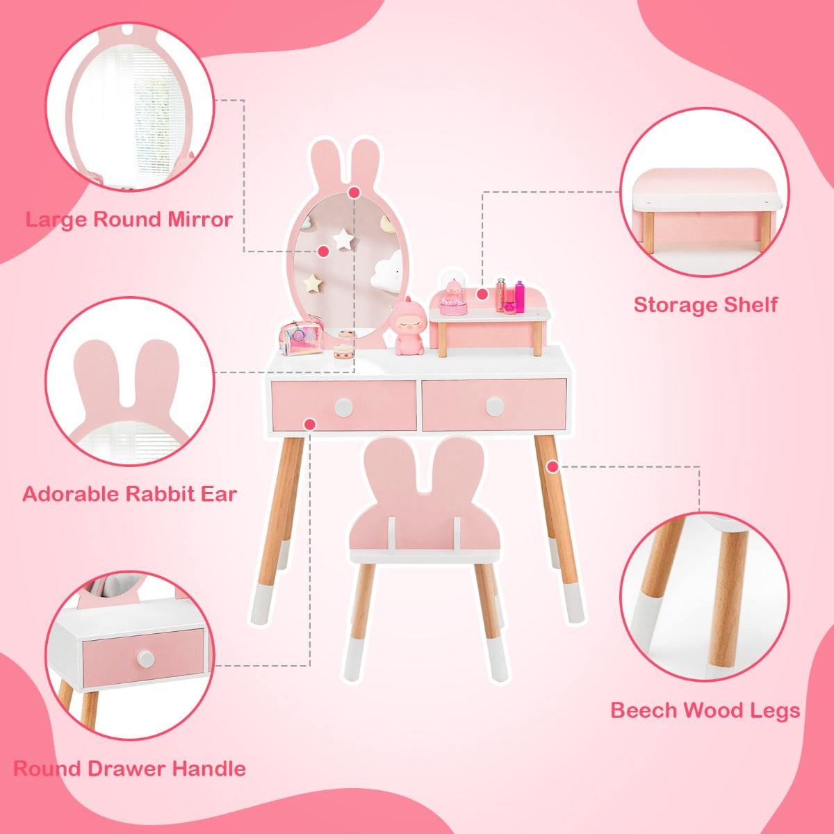2-in-1 Princess Makeup Dressing Desk with Mirror-Pink
