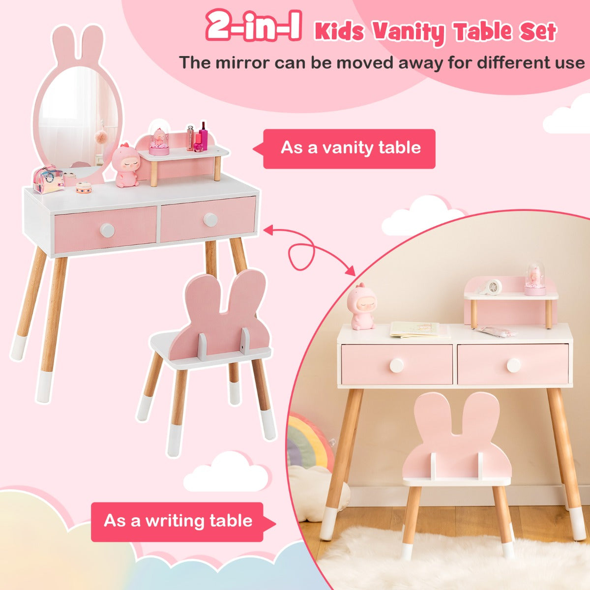 2-in-1 Princess Makeup Dressing Desk with Mirror-Pink