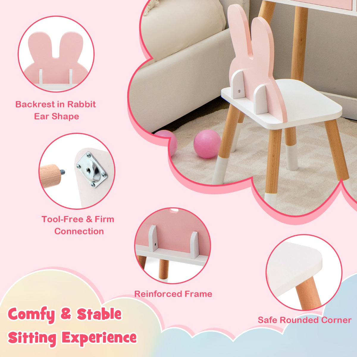 2-in-1 Princess Makeup Dressing Desk with Mirror-Pink