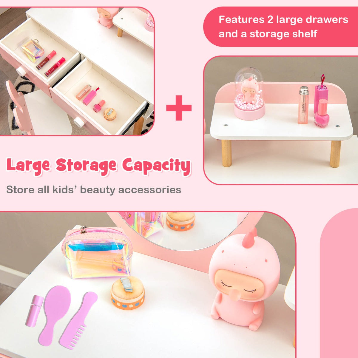 2-in-1 Princess Makeup Dressing Desk with Mirror-Pink