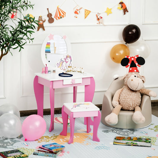 Kids Vanity Table and Chair Set with Mirror & Stool
