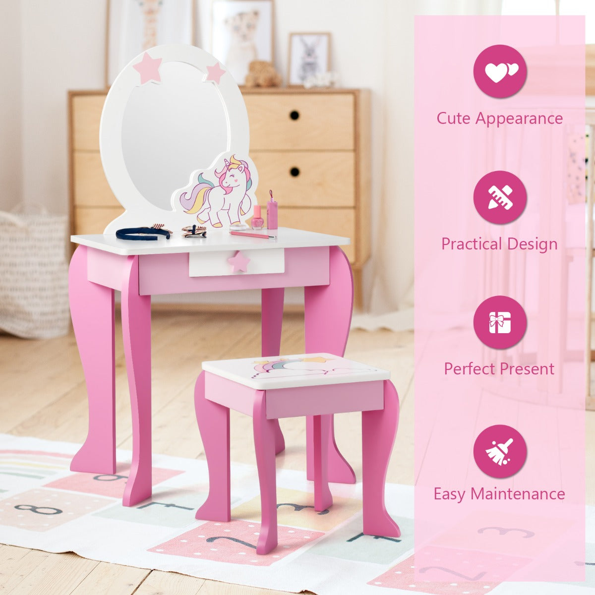 Kids Vanity Table and Chair Set with Mirror & Stool