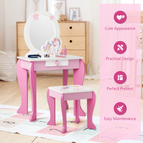 Kids Vanity Table and Chair Set with Mirror & Stool