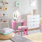 Kids Vanity Table and Chair Set with Mirror & Stool
