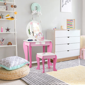 Kids Vanity Table and Chair Set with Mirror & Stool