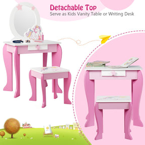 Kids Vanity Table and Chair Set with Mirror & Stool