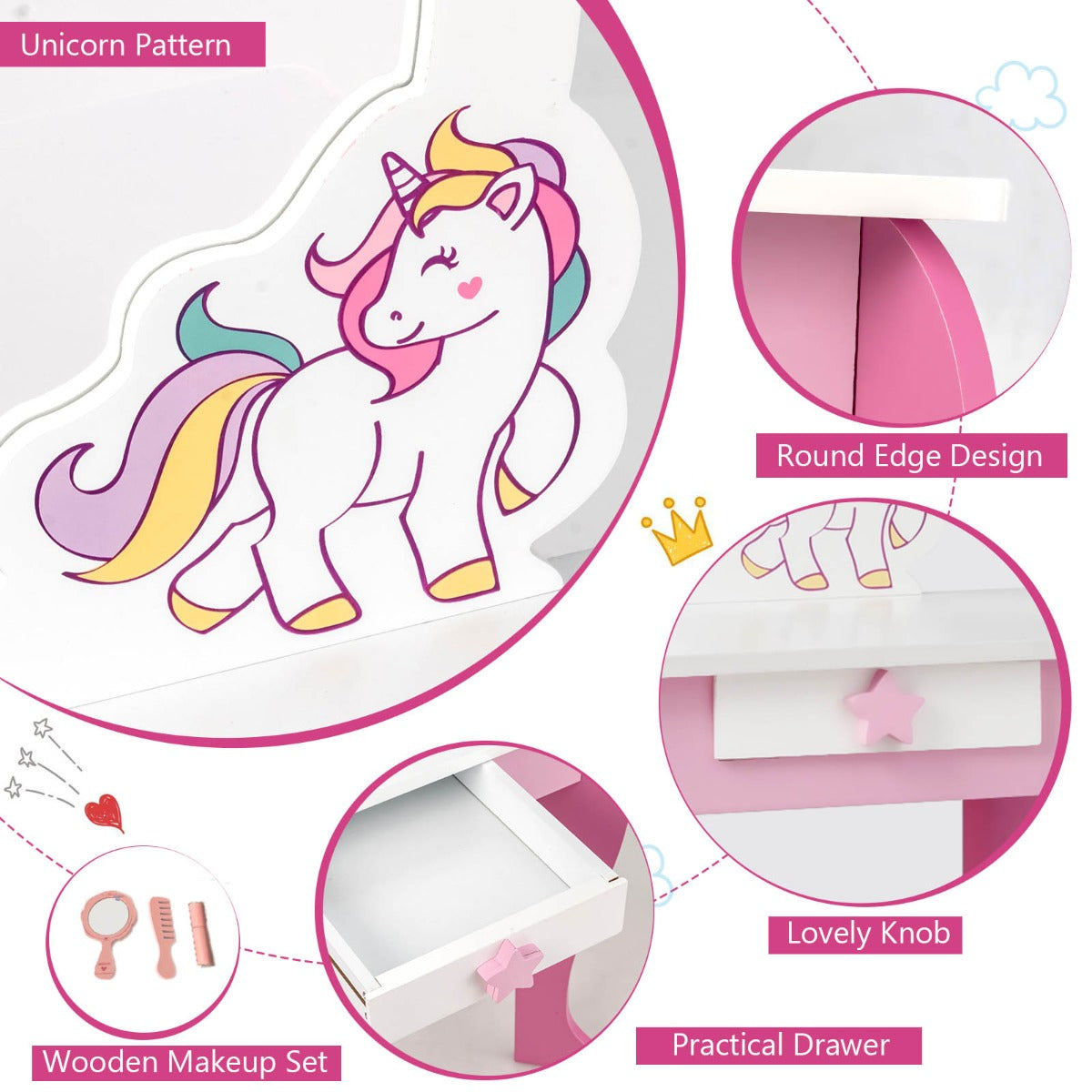 Kids Vanity Table and Chair Set with Mirror & Stool