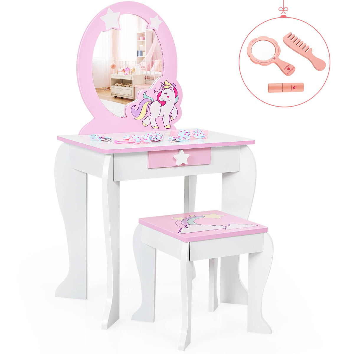 Kids Vanity Table and Chair Set with Mirror & Stool