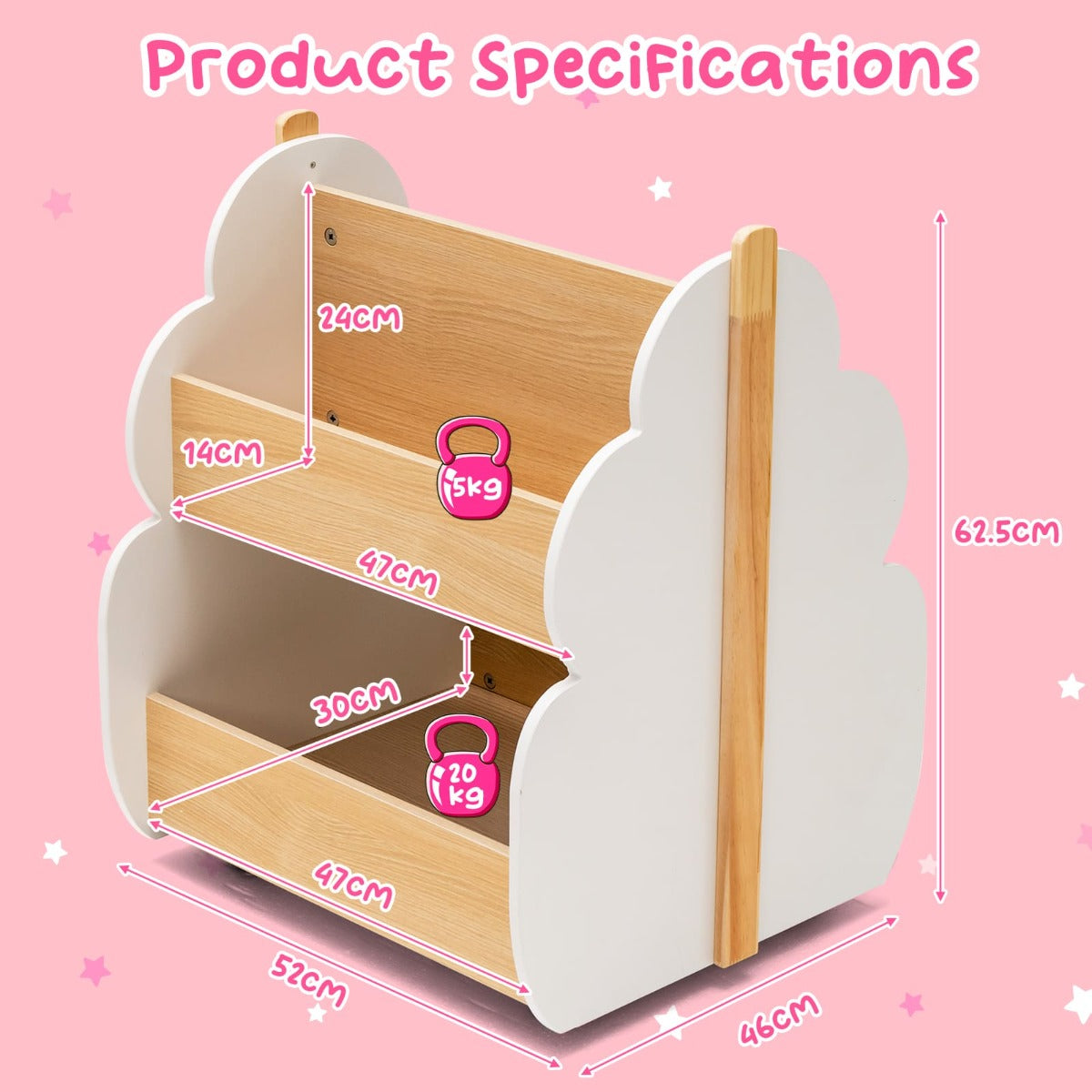 Kids Wooden Bookshelf with Universal Wheels and 2-Tier Storage Shelf