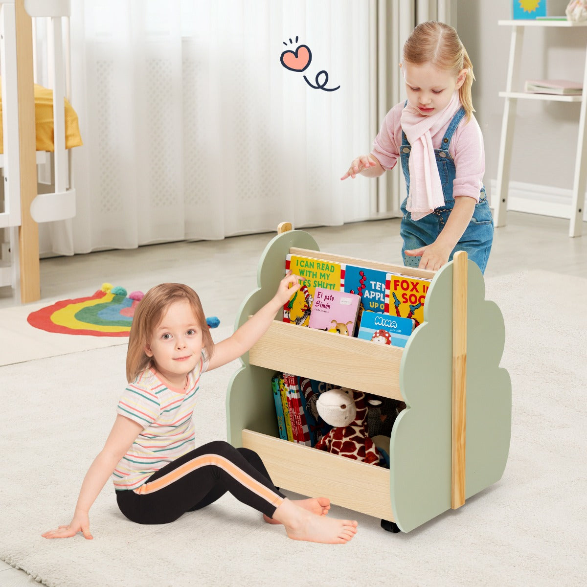 Kids Wooden Bookshelf with Universal Wheels and 2-Tier Storage Shelf