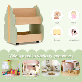 Kids Wooden Bookshelf with Universal Wheels and 2-Tier Storage Shelf