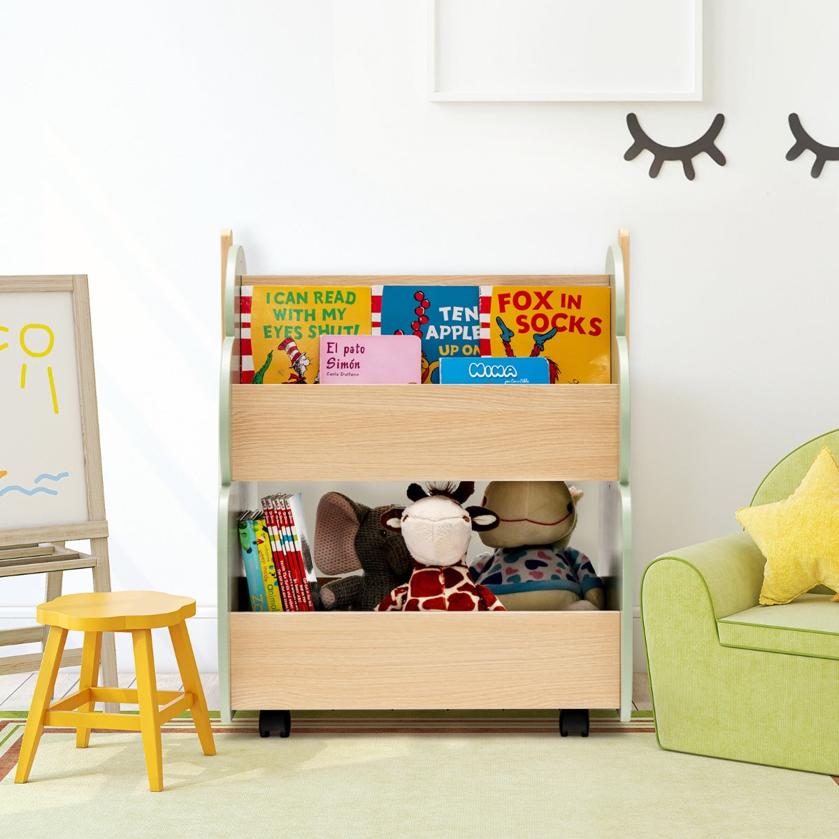 Kids Wooden Bookshelf with Universal Wheels and 2-Tier Storage Shelf