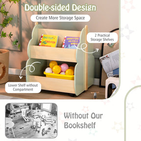 Kids Wooden Bookshelf with Universal Wheels and 2-Tier Storage Shelf