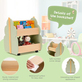 Kids Wooden Bookshelf with Universal Wheels and 2-Tier Storage Shelf