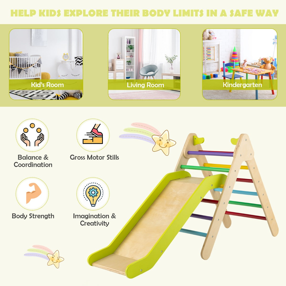 2 in 1 Kids Wooden Climbing Triangle Set with Slide