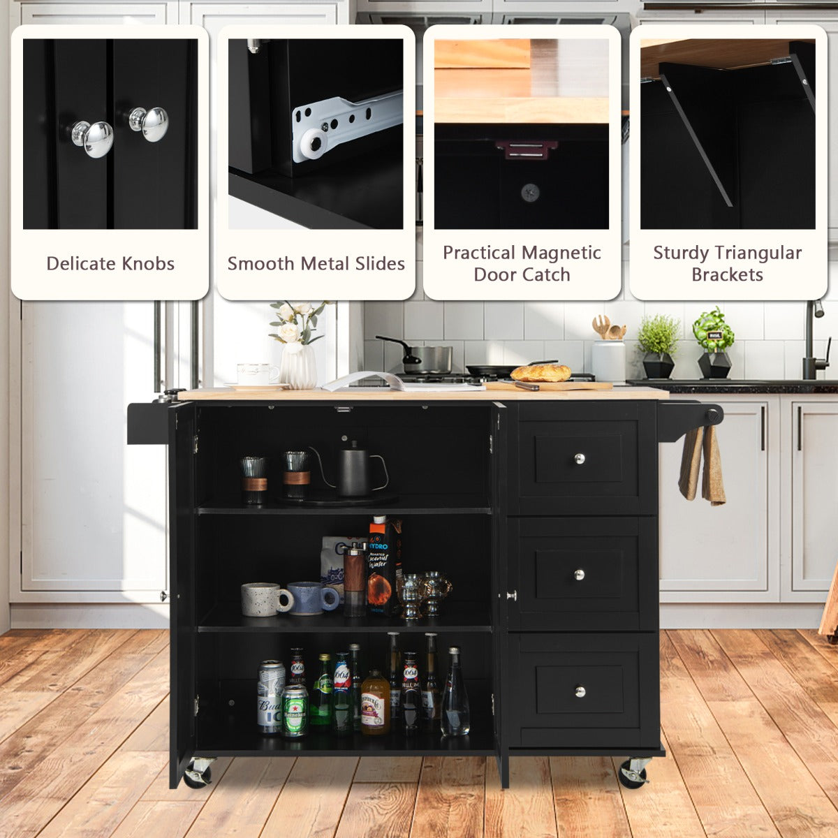 Kitchen Island Trolley with 3 Drawers and Adjustable Shelves
