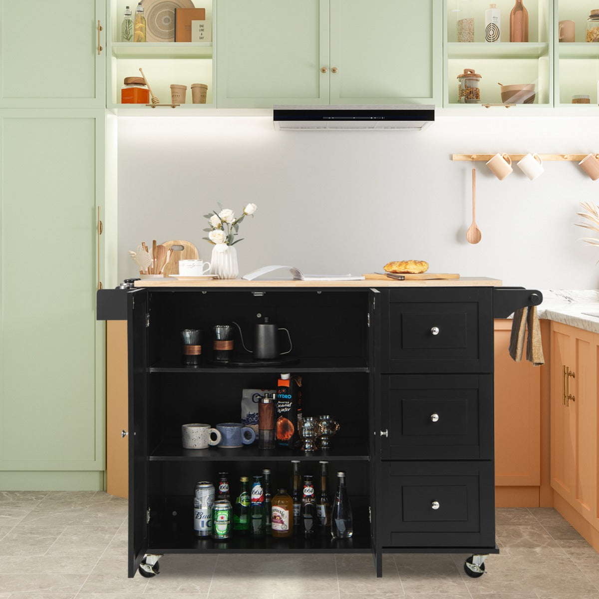 Kitchen Island Trolley with 3 Drawers and Adjustable Shelves