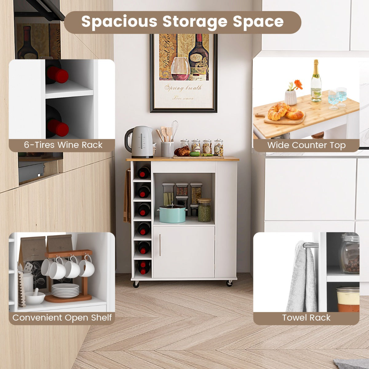 Rolling Kitchen Cart with Towel Rack for Dining Room