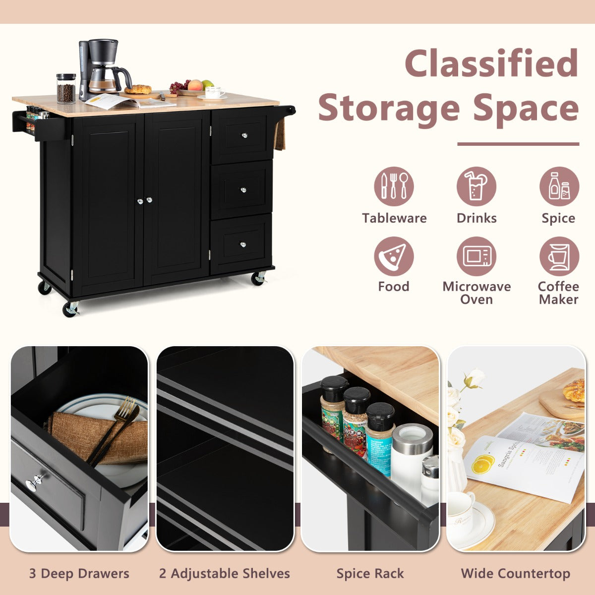 Kitchen Island Trolley with 3 Drawers and Adjustable Shelves