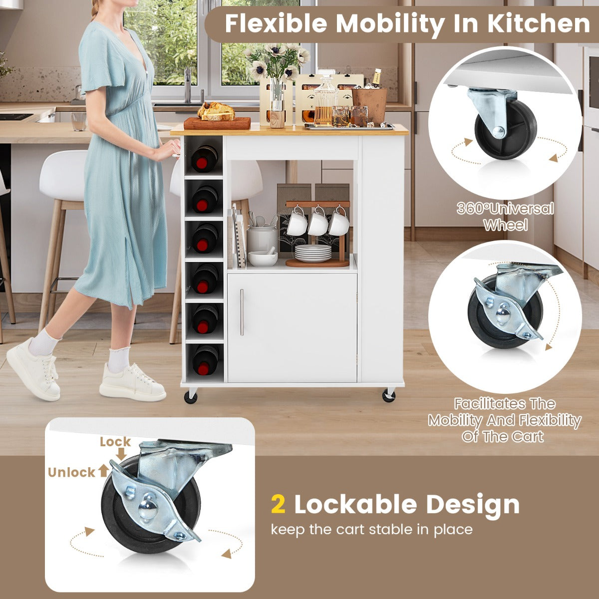 Rolling Kitchen Cart with Towel Rack for Dining Room
