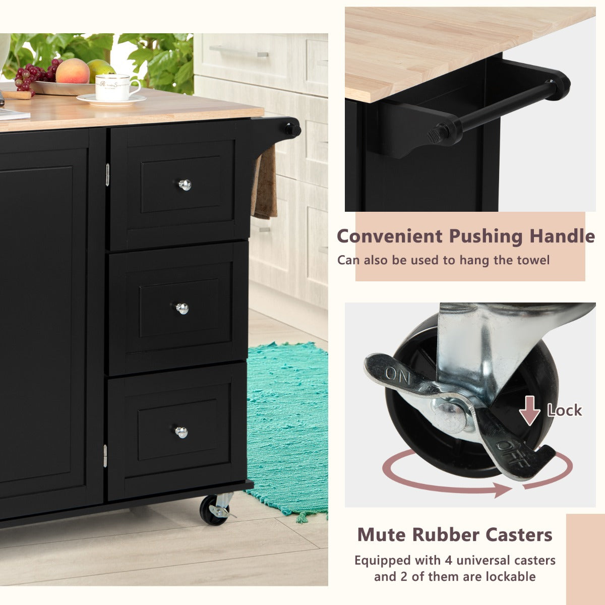 Kitchen Island Trolley with 3 Drawers and Adjustable Shelves