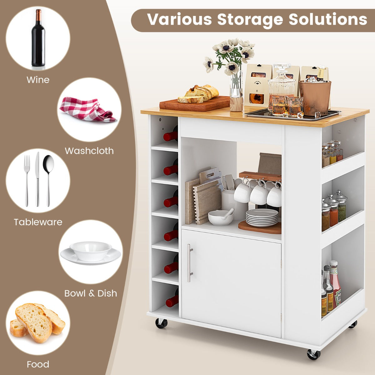 Rolling Kitchen Cart with Towel Rack for Dining Room