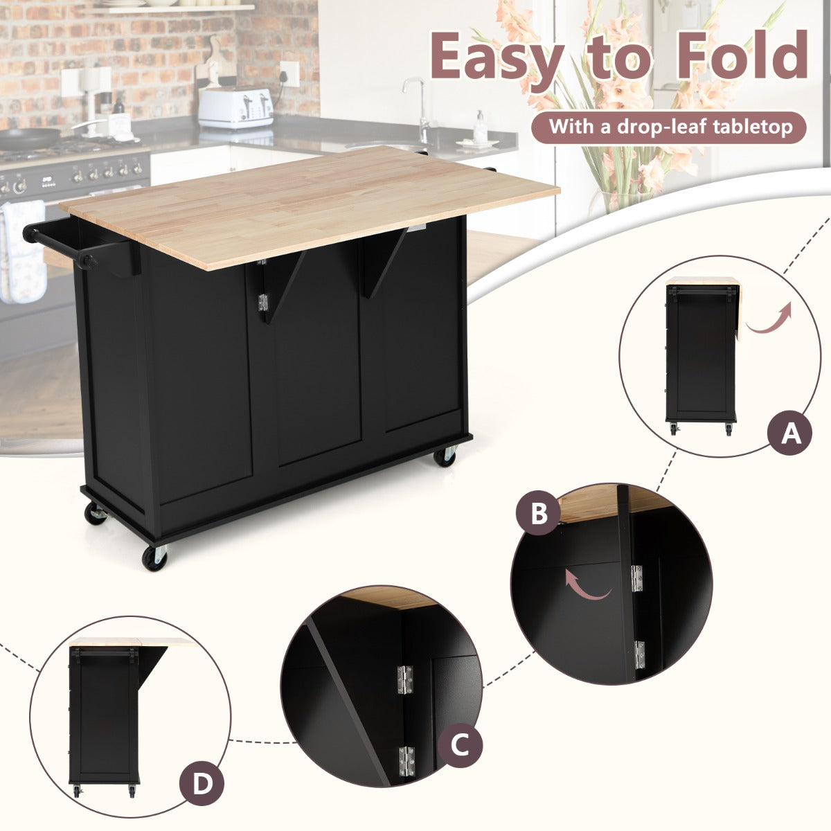 Kitchen Island Trolley with 3 Drawers and Adjustable Shelves