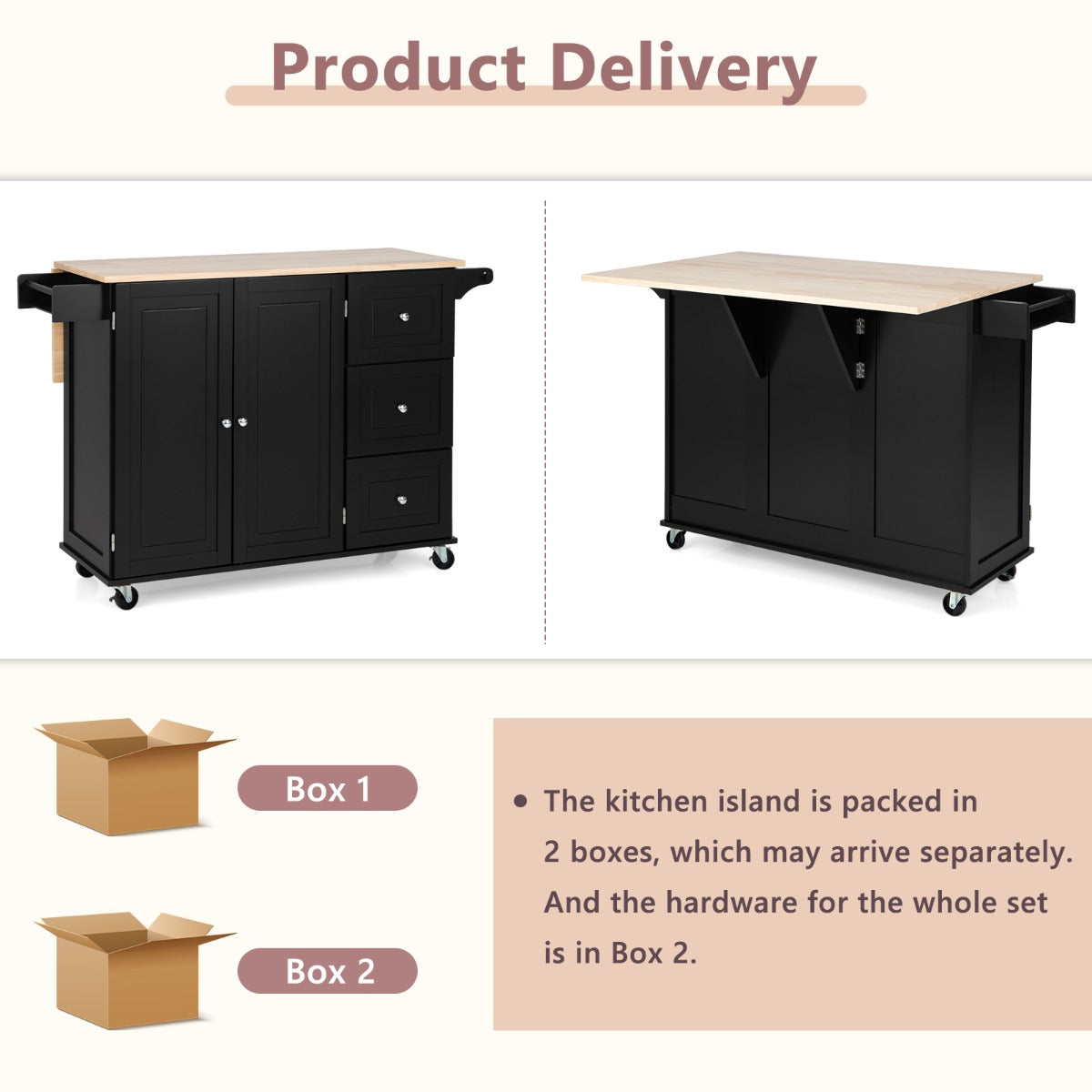 Kitchen Island Trolley with 3 Drawers and Adjustable Shelves