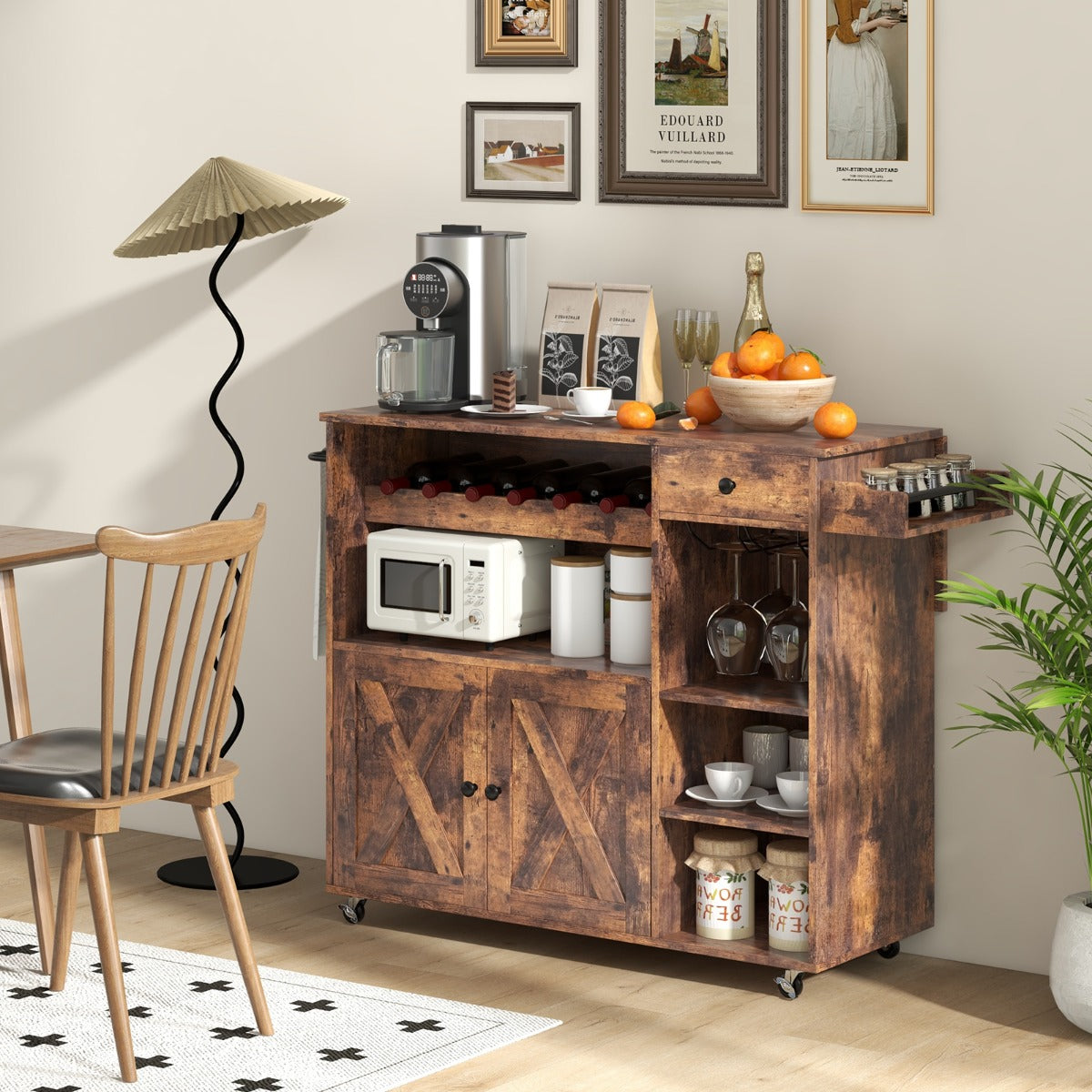 Rolling Kitchen Island Cart with Wine Rack, Stemware Holder, Towel Rack and Spice Rack