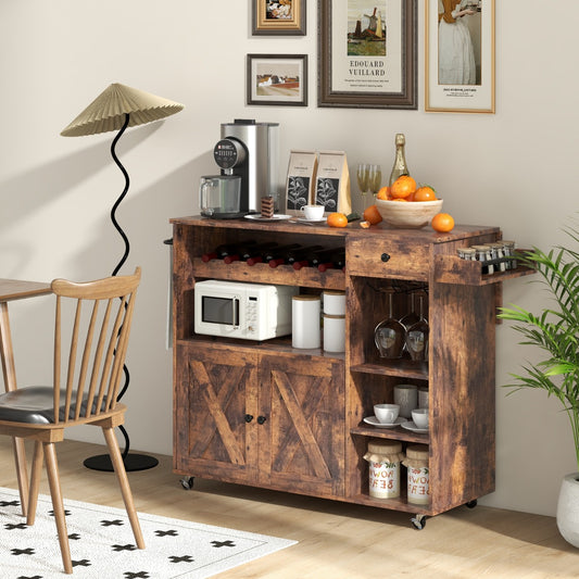 Rolling Kitchen Island Cart with Wine Rack, Stemware Holder, Towel Rack and Spice Rack