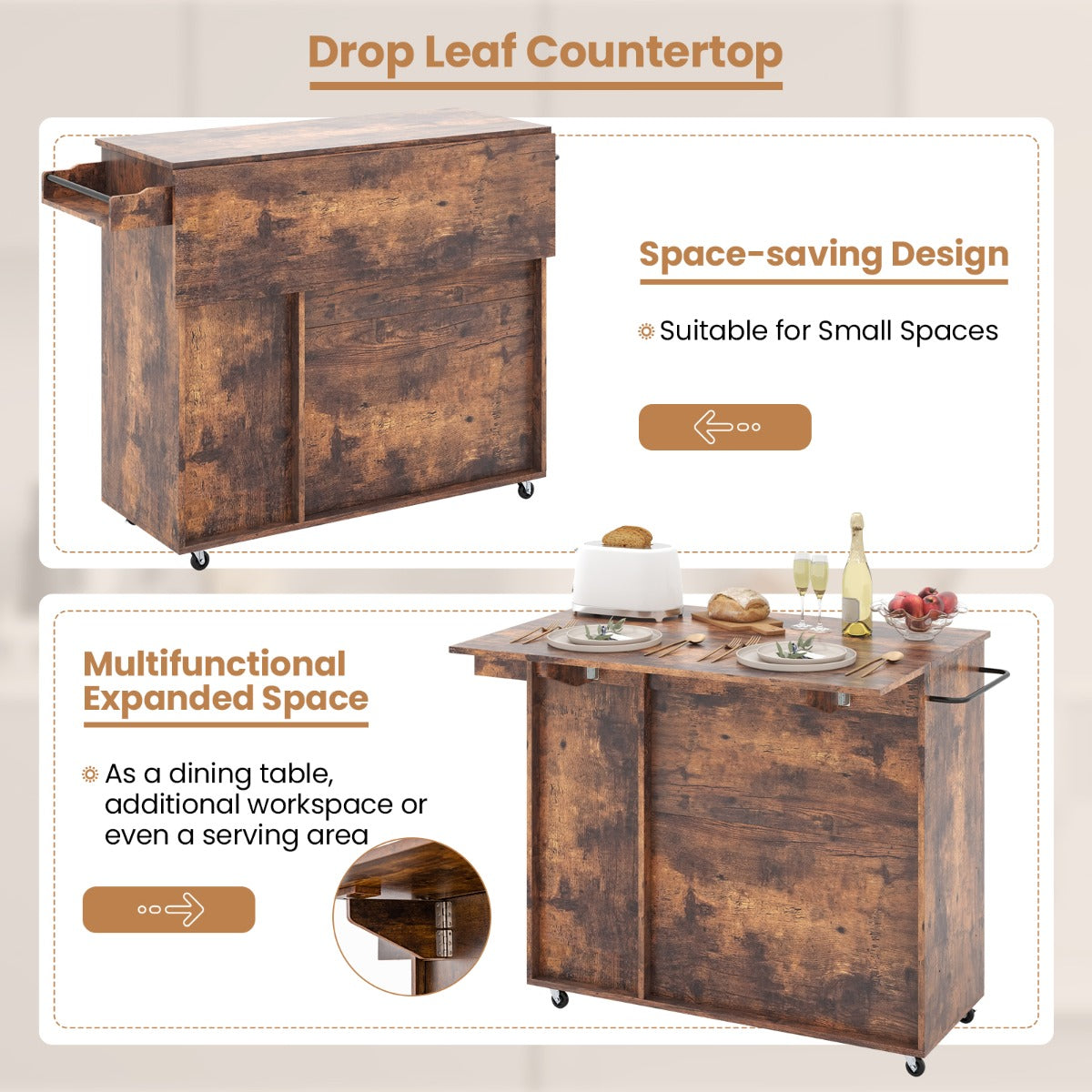 Rolling Kitchen Island Cart with Wine Rack, Stemware Holder, Towel Rack and Spice Rack
