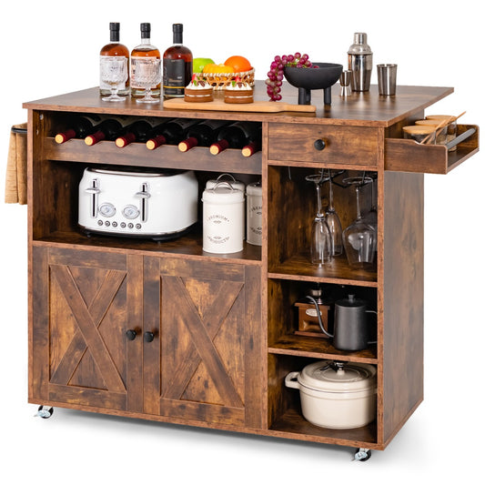 Rolling Kitchen Island Cart with Wine Rack, Stemware Holder, Towel Rack and Spice Rack