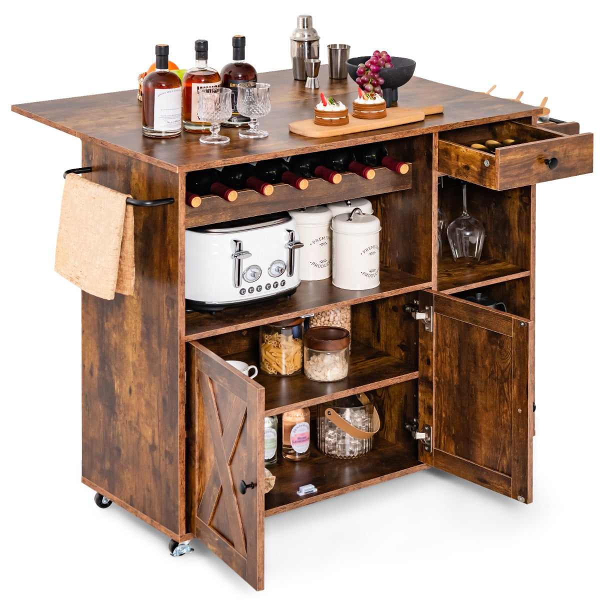 Rolling Kitchen Island Cart with Wine Rack, Stemware Holder, Towel Rack and Spice Rack