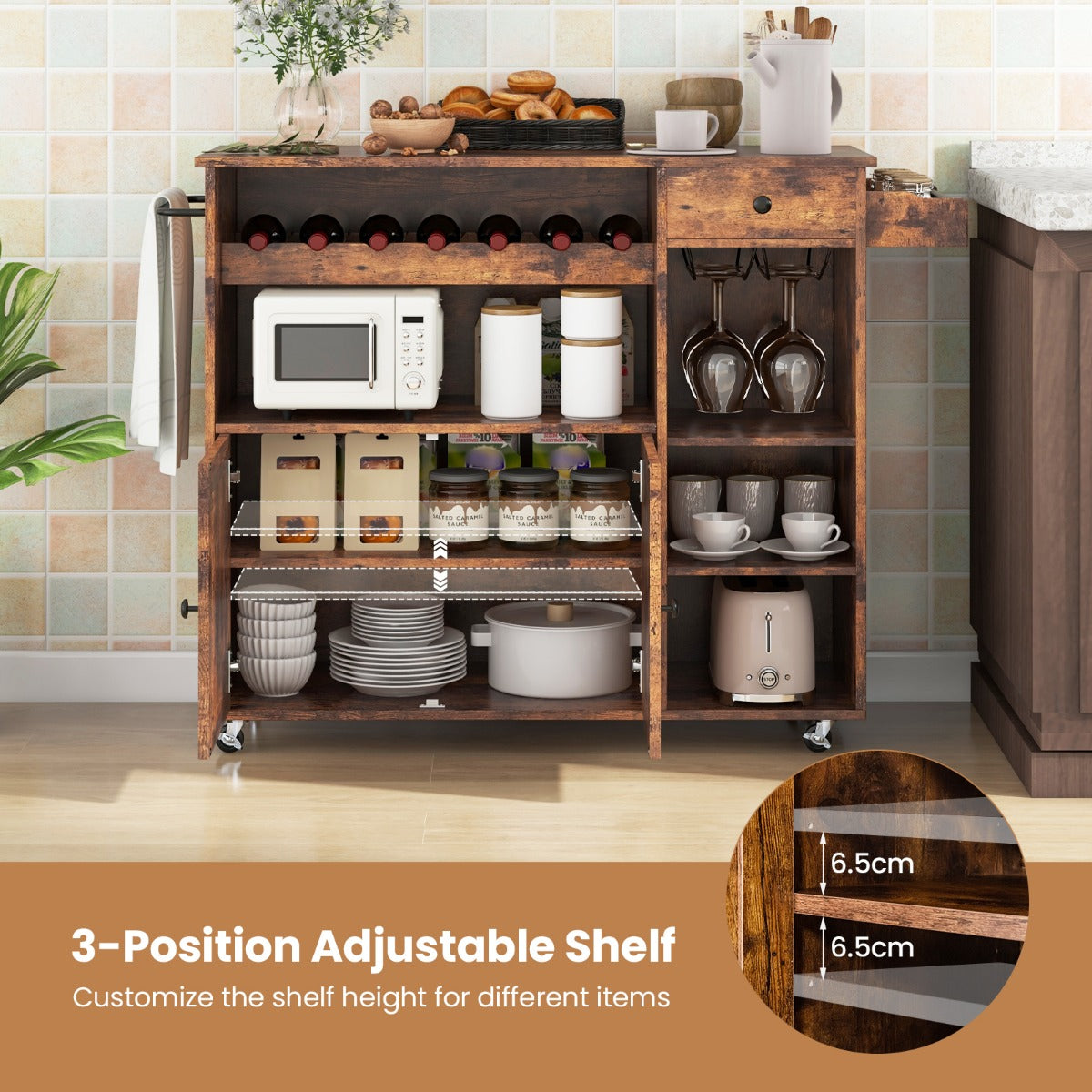 Rolling Kitchen Island Cart with Wine Rack, Stemware Holder, Towel Rack and Spice Rack