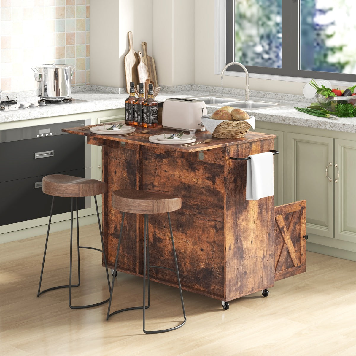 Rolling Kitchen Island Cart with Wine Rack, Stemware Holder, Towel Rack and Spice Rack