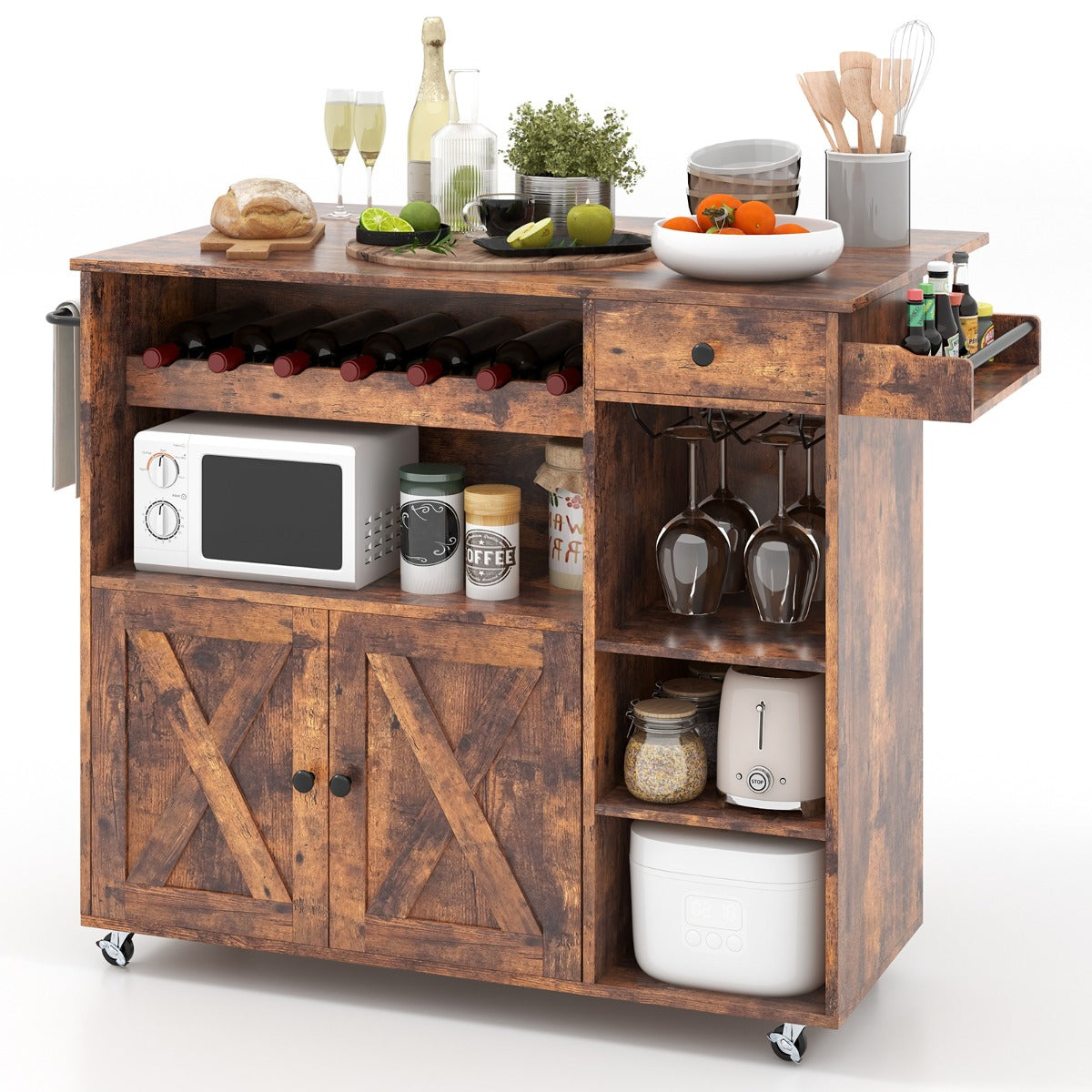 Rolling Kitchen Island Cart with Wine Rack, Stemware Holder, Towel Rack and Spice Rack