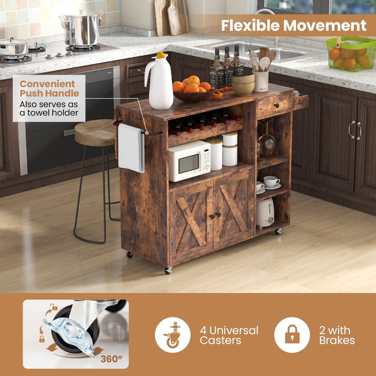 Rolling Kitchen Island Cart with Wine Rack, Stemware Holder, Towel Rack and Spice Rack