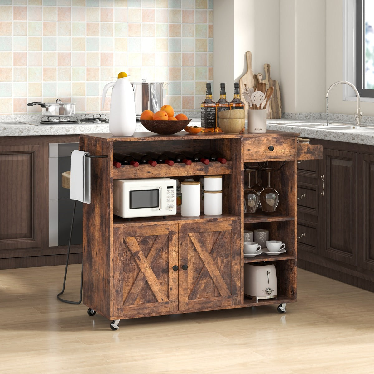 Rolling Kitchen Island Cart with Wine Rack, Stemware Holder, Towel Rack and Spice Rack