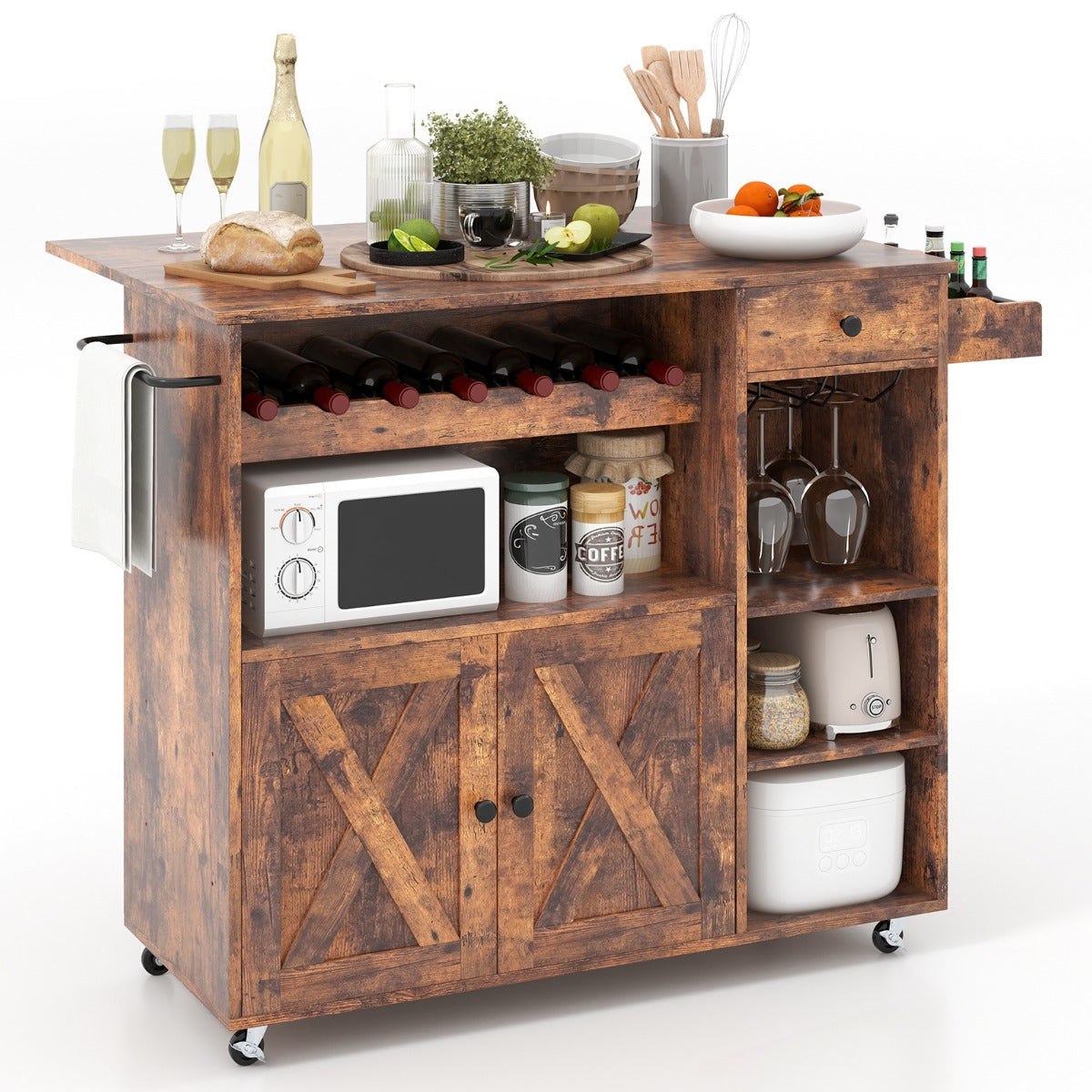 Rolling Kitchen Island Cart with Wine Rack, Stemware Holder, Towel Rack and Spice Rack