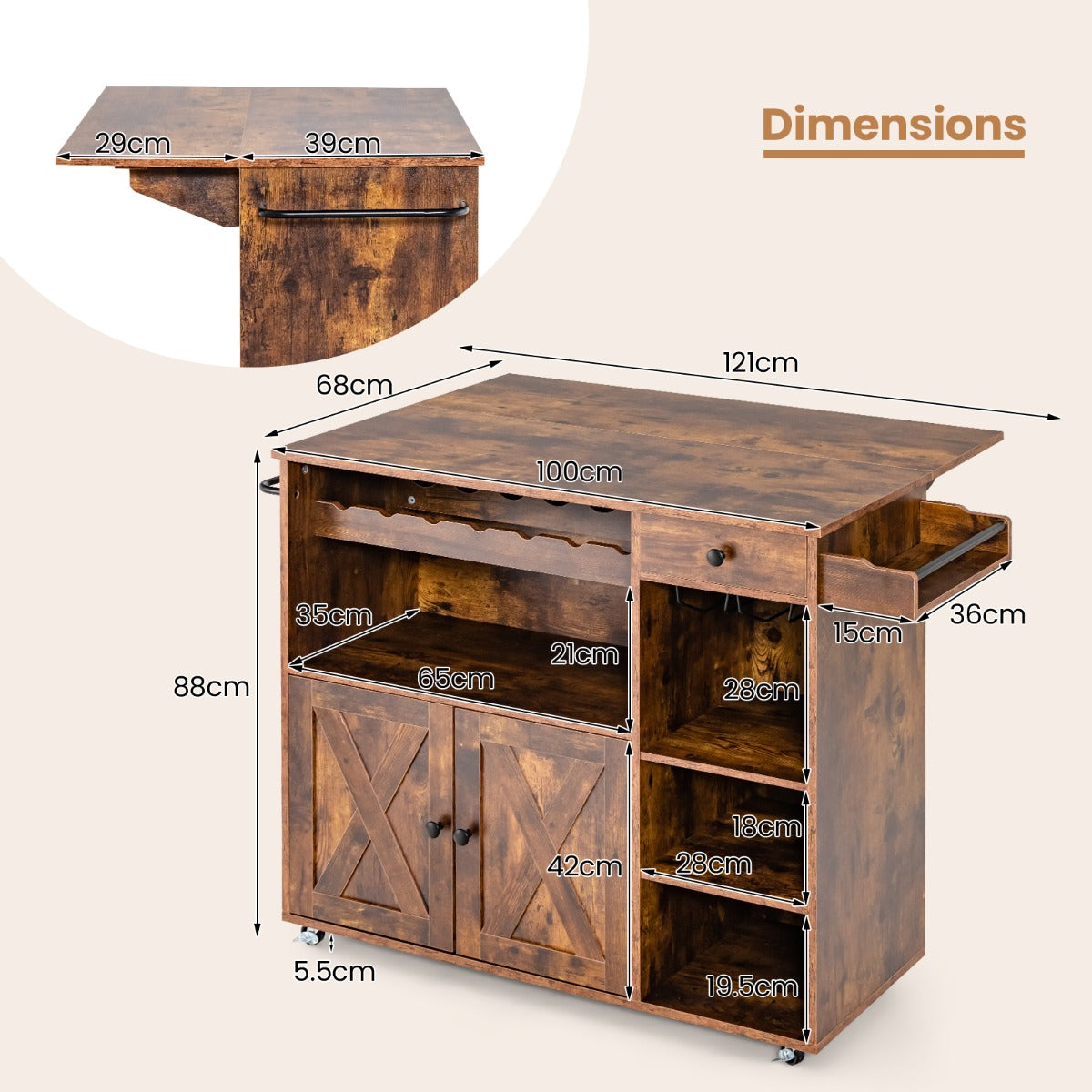 Rolling Kitchen Island Cart with Wine Rack, Stemware Holder, Towel Rack and Spice Rack