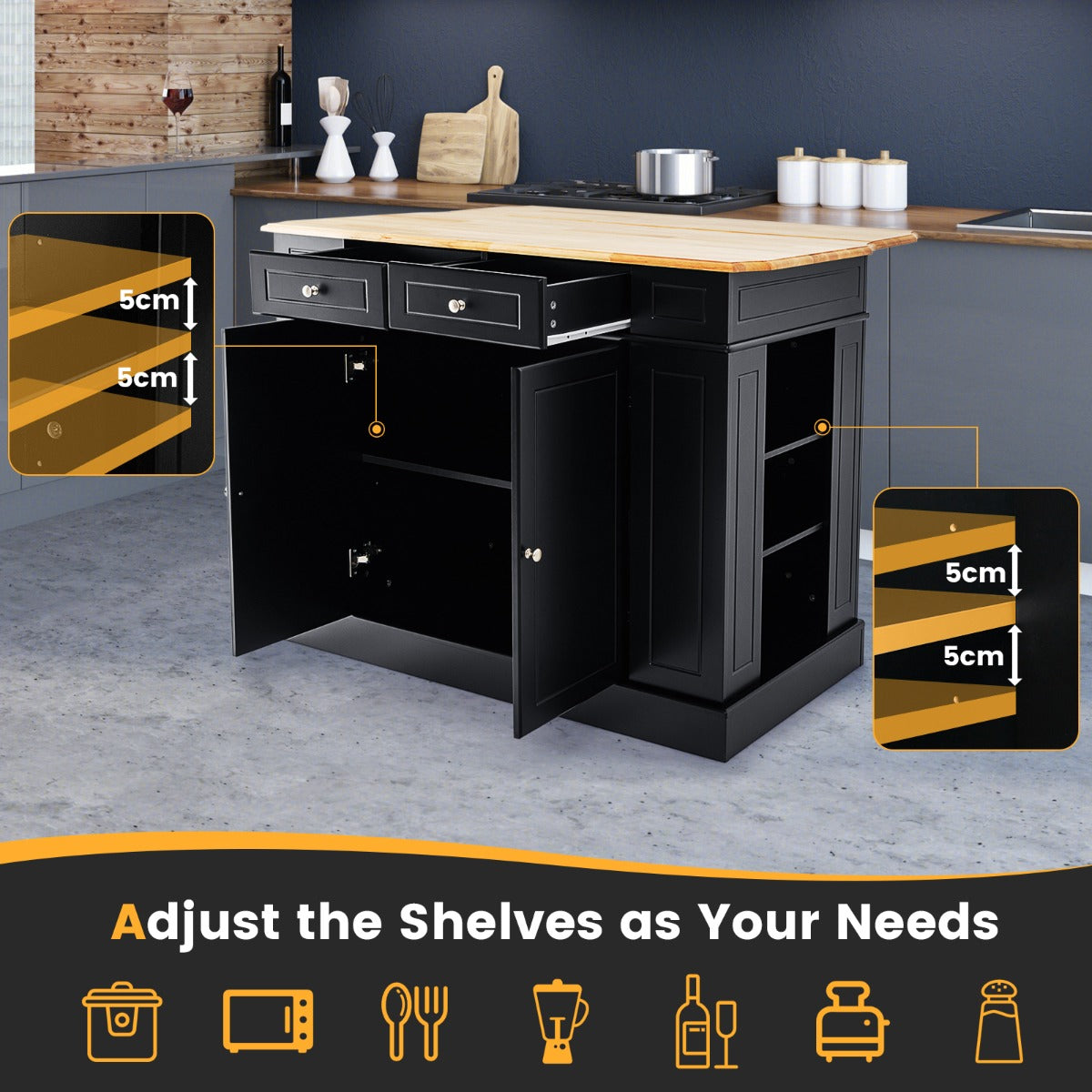 Kitchen Island with Drop Leaf Countertop and 3-Level Adjustable Shelves